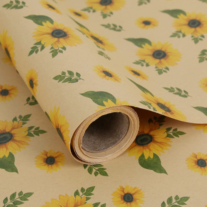 Aimyoo Sunflower Kraft Wrapping Paper Roll All Occasion Floral Gift Wrap Paper for Wedding Bridal Shower Fall 17 in x 10 ft